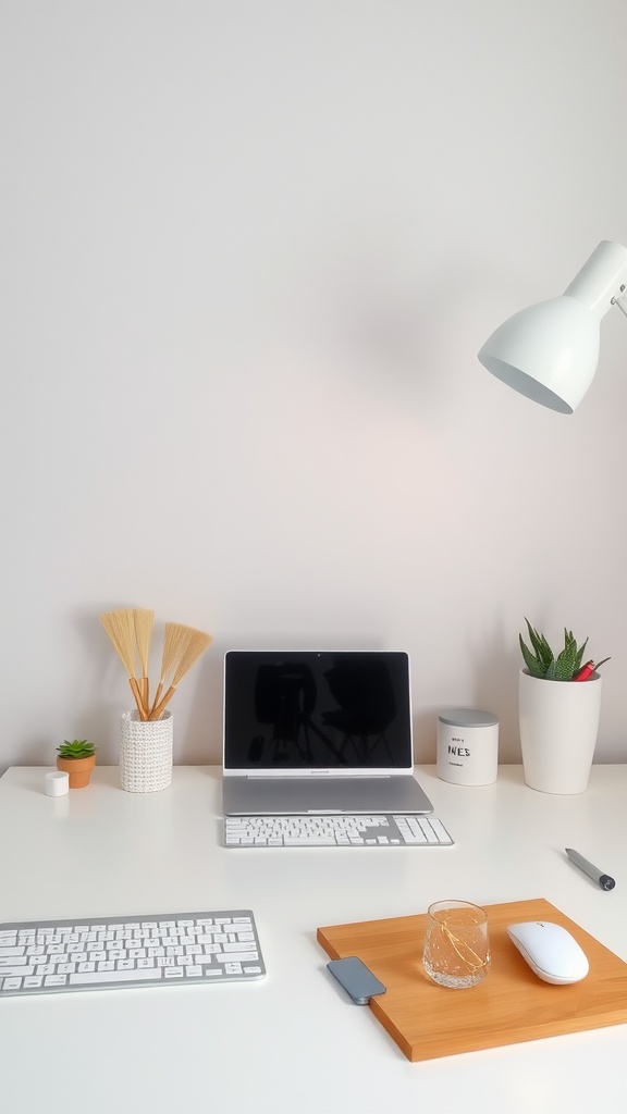 A minimalist office desk with a laptop, plants, and simple accessories.