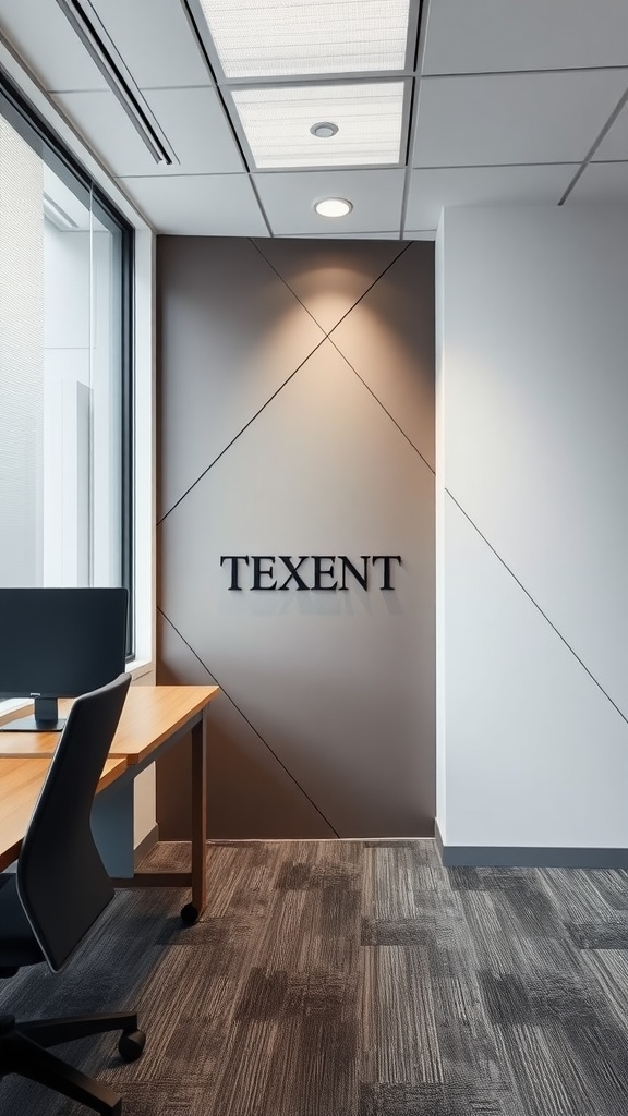 A minimalist office with geometric designs on the wall, featuring the word 'TEXENT' in bold letters.