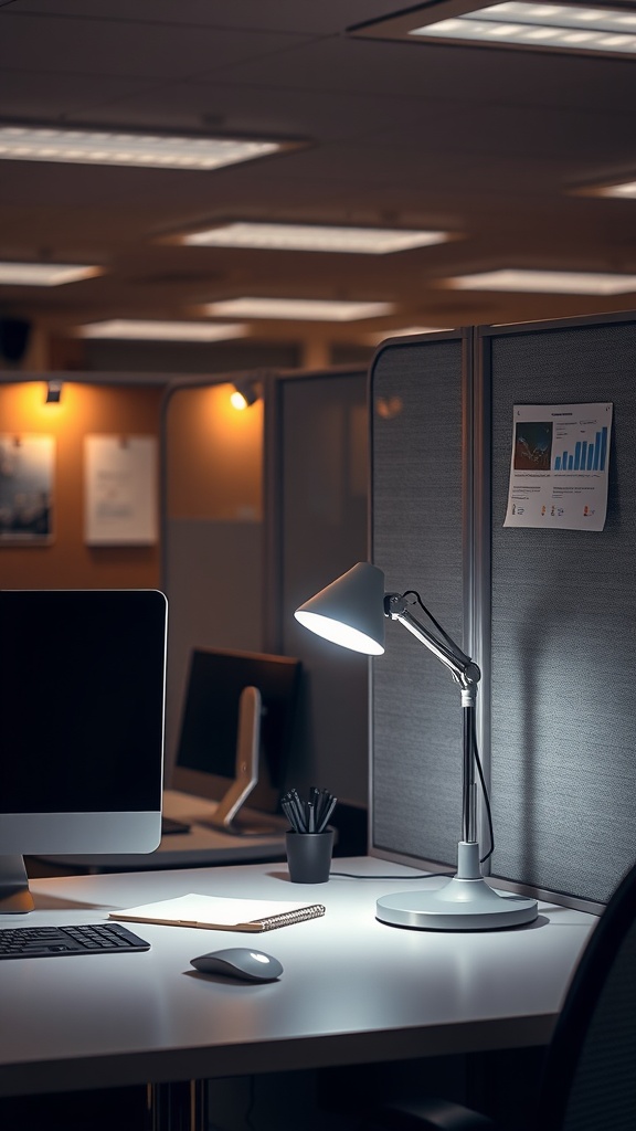 A desk in an office cubicle with a lamp providing warm light, a computer, and organized stationery.