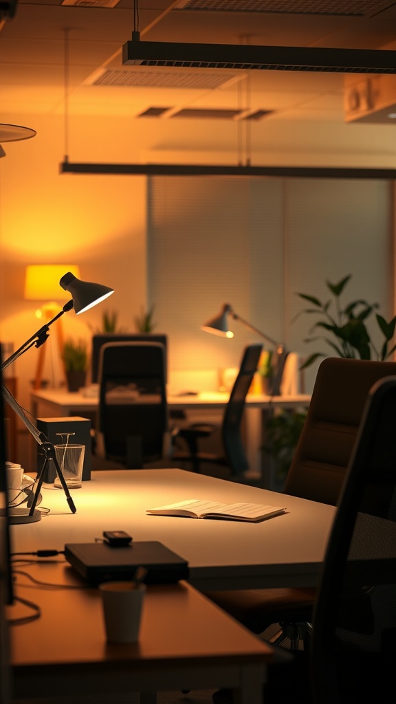 An office space featuring warm mood lighting, plants, and a desk lamp.