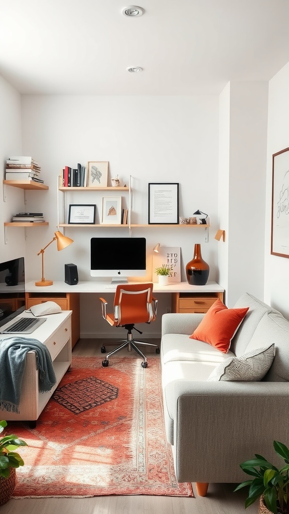 A modern home office with a desk, computer, and a cozy sofa, featuring warm decor and plants.