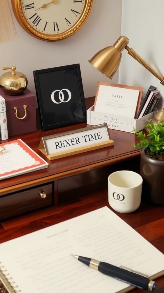A stylish desk with personalized accessories including a clock, lamp, and a nameplate.