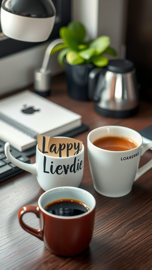 A cozy work desk featuring three personalized mugs in different styles, along with a small plant and a notebook.