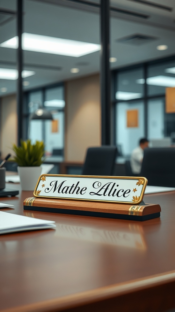 A personalized nameplate with the name 'Mathe Alice' on an office desk.