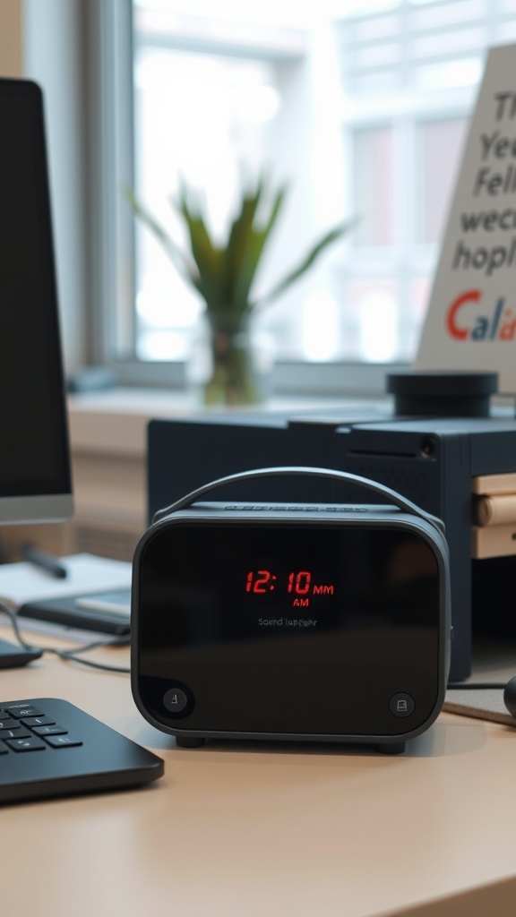 A sound machine on an office desk with a digital clock display.