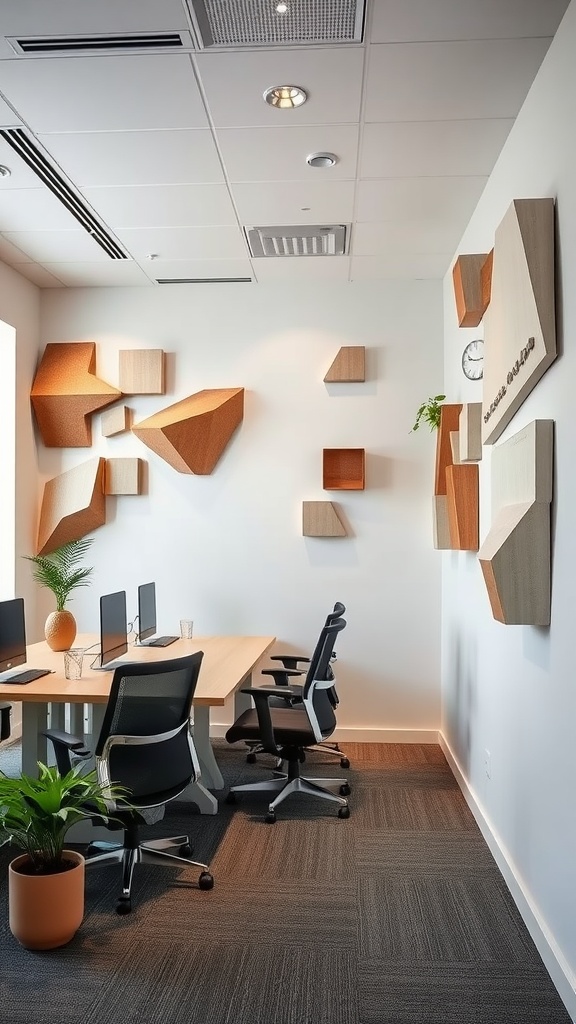 An office with wooden geometric wall sculptures, a large table, and potted plants.