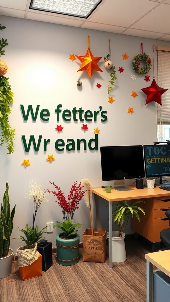 A cozy office wall decorated with seasonal decor including stars, wreaths, and plants