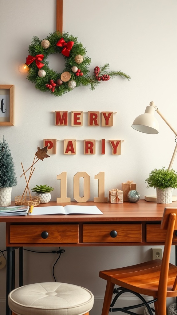 A festive work desk decorated with a wreath, block letters, plants, and seasonal decor.