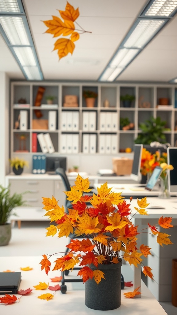 An office workspace decorated with autumn leaves in a vase and scattered on the desk.