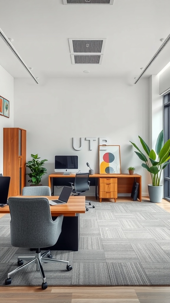 Modern office with sound-absorbing decor elements including plants, carpets, and artwork
