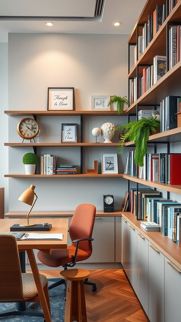 Stylish office shelving displaying books, plants, and decor pieces