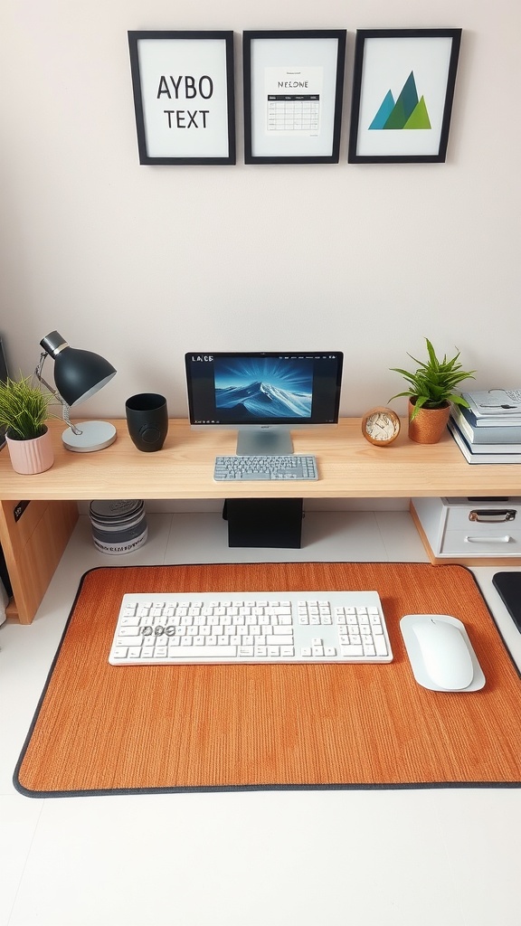 A stylish office desk with an orange desk mat, computer, and decorative elements.