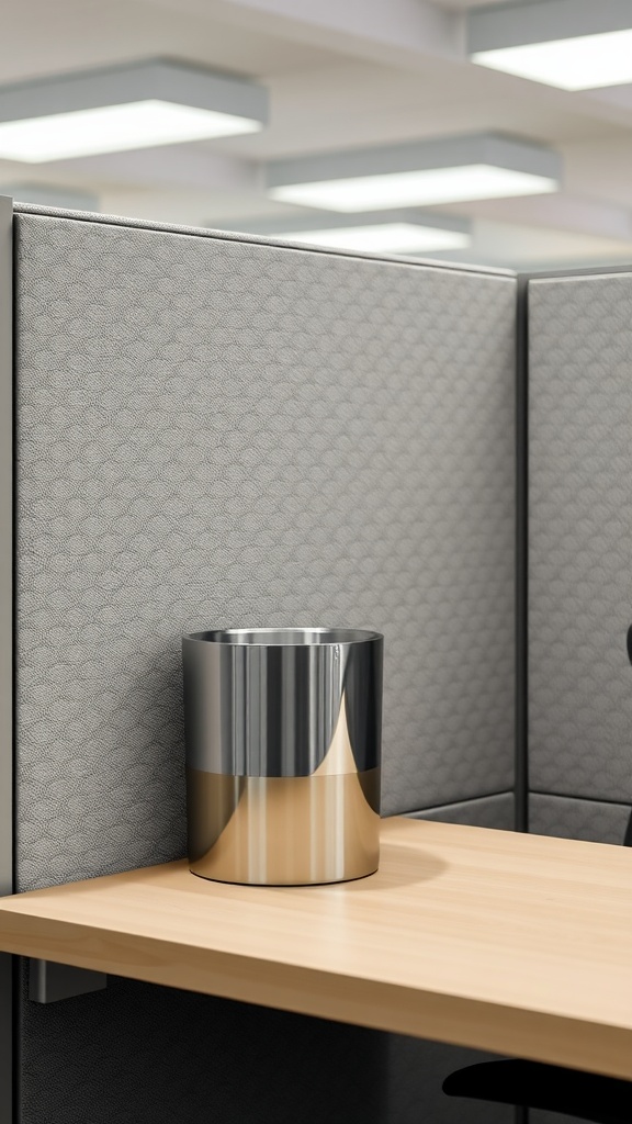A stylish metallic waste bin placed on a wooden desk in an office cubicle