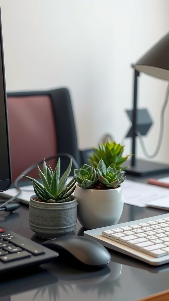 Desk with succulent plants in pots beside a computer and keyboard.