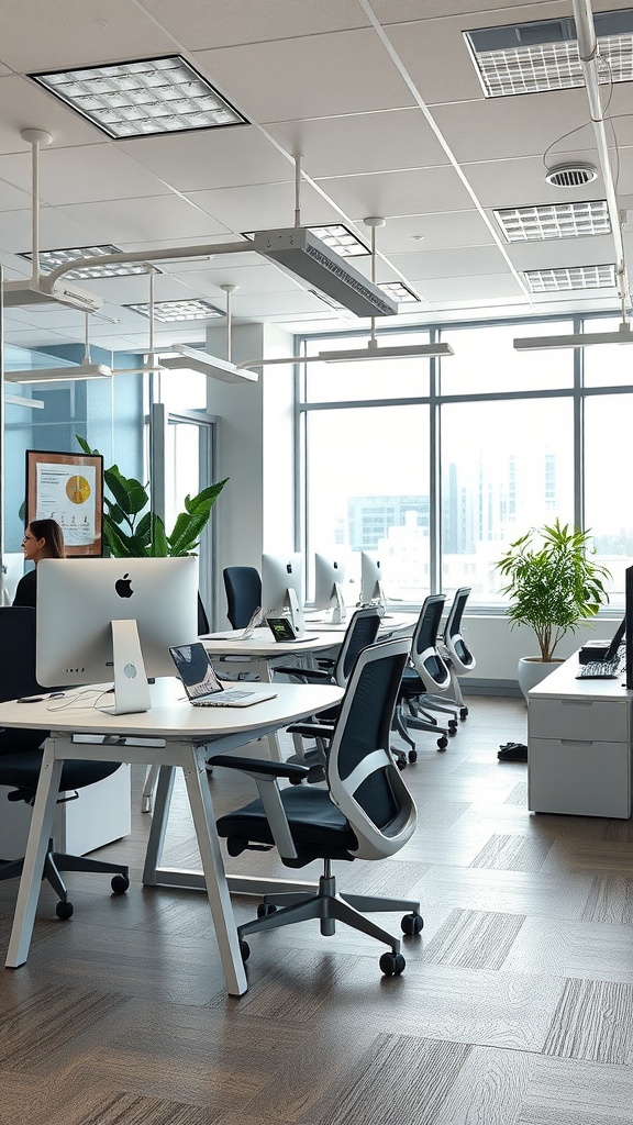 A modern office with ergonomic chairs, large windows, and tech setups featuring desktop computers.