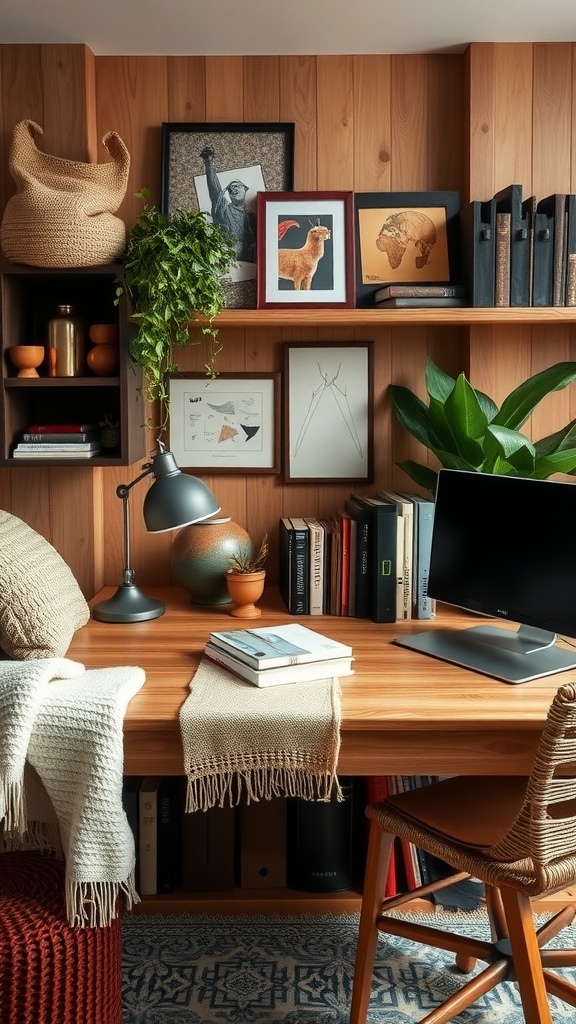 A cozy home office featuring wooden walls, a warm desk, plants, and various framed artworks.