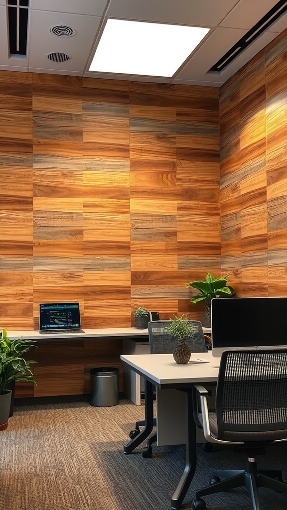An office with textured wood panels on the walls, featuring modern furniture and plants.
