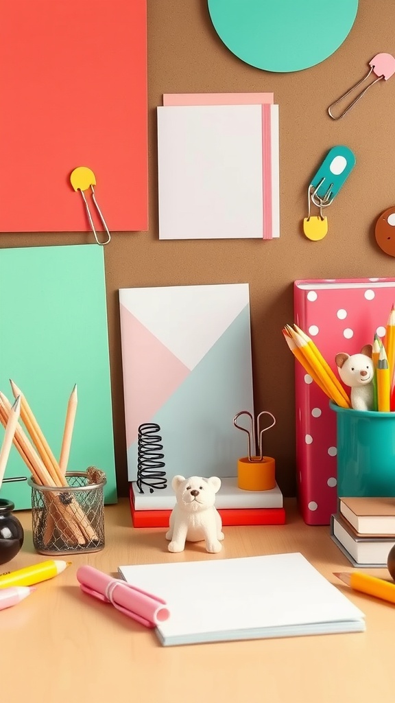 An organized desk with colorful stationery, notebooks, and a cute bear figurine.