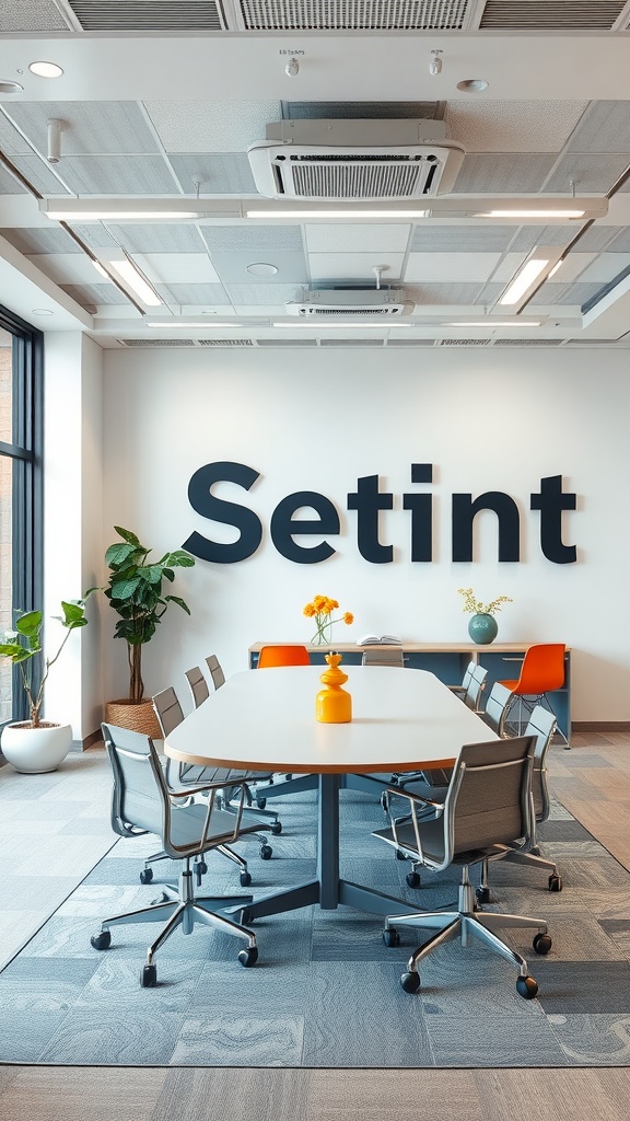 A modern themed meeting room with a round table, colorful chairs, and plants.