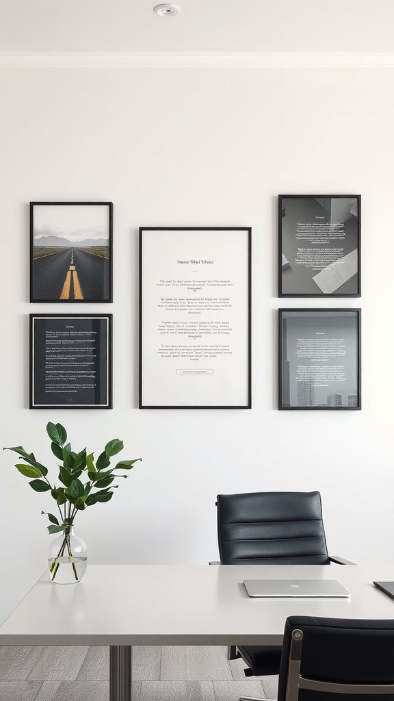 An office wall with various canvas prints and a small plant on the table