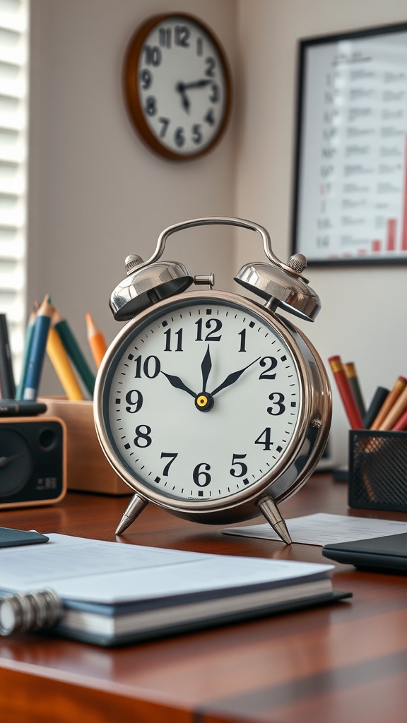 A classic silver alarm clock on a wooden desk with office supplies