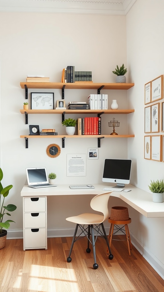 A modern home office with wooden shelves and decorative items, featuring a desk with a computer and plants.