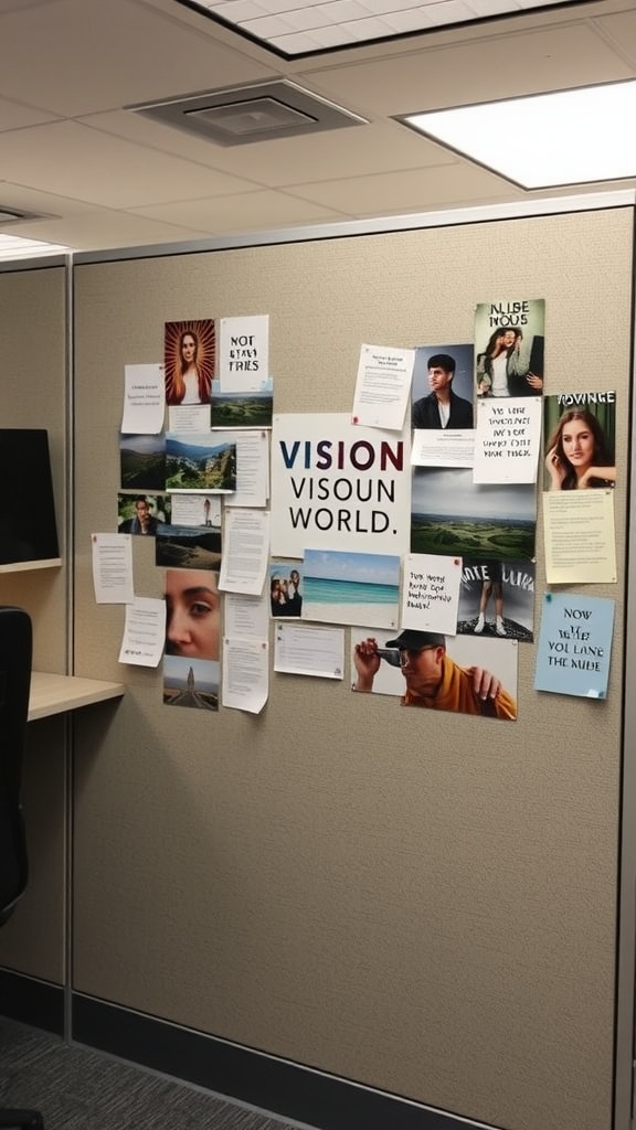 A vision board filled with images and quotes in an office cubicle.