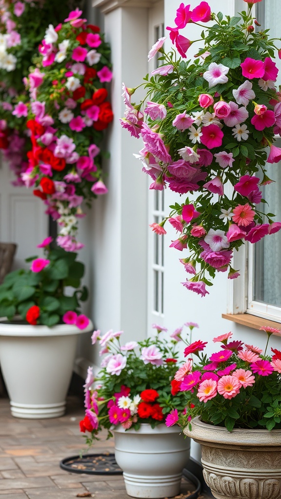 An arrangement of cascading flower planters with colorful blooms