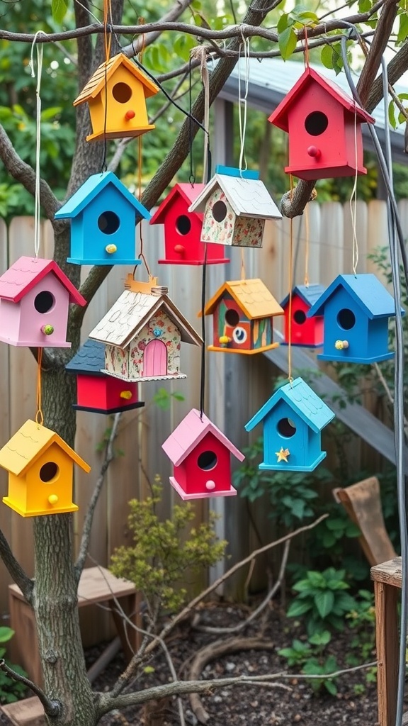 A variety of colorful birdhouses hanging from a tree in a backyard