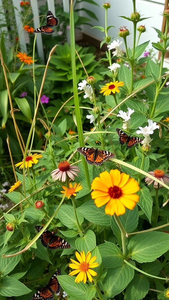 A small garden filled with colorful flowers and butterflies.