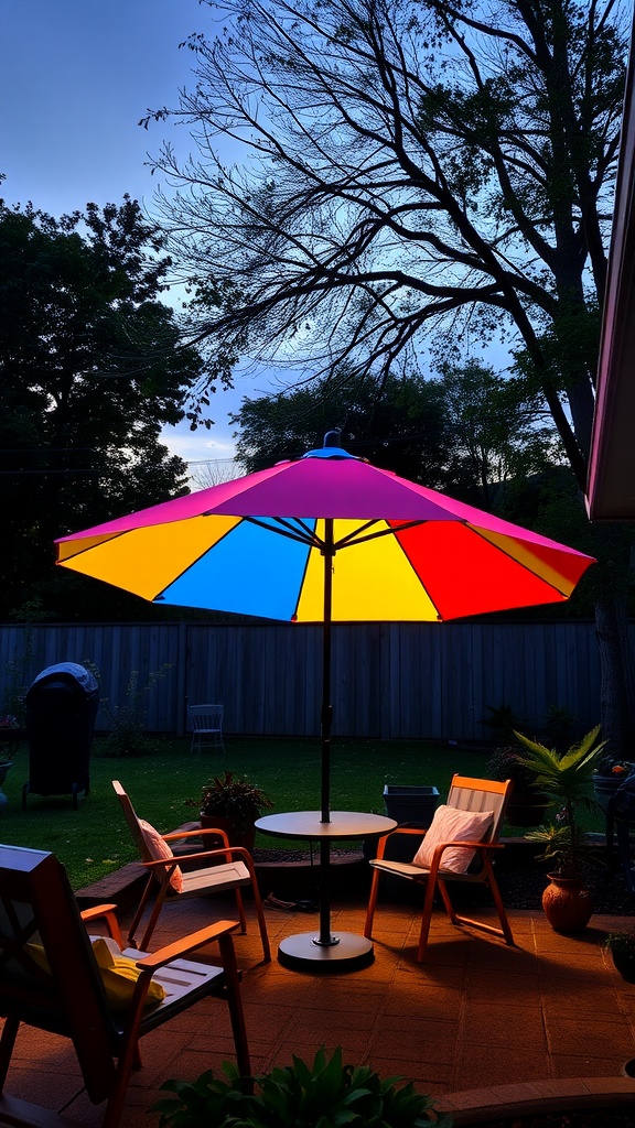 A colorful patio umbrella in a backyard, featuring pink, red, yellow, and blue segments with wooden chairs and a table underneath.