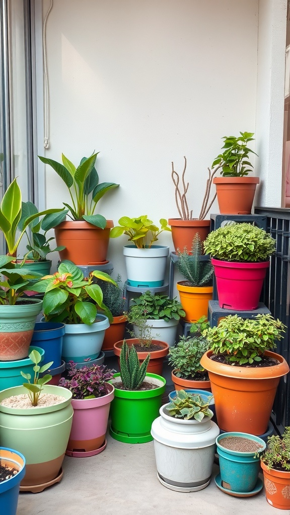 A collection of colorful potted plants arranged on a balcony, showcasing various sizes and types of plants.