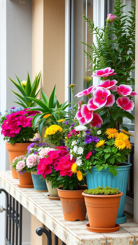 Colorful display of various potted flowers on a windowsill, showcasing container gardening techniques.