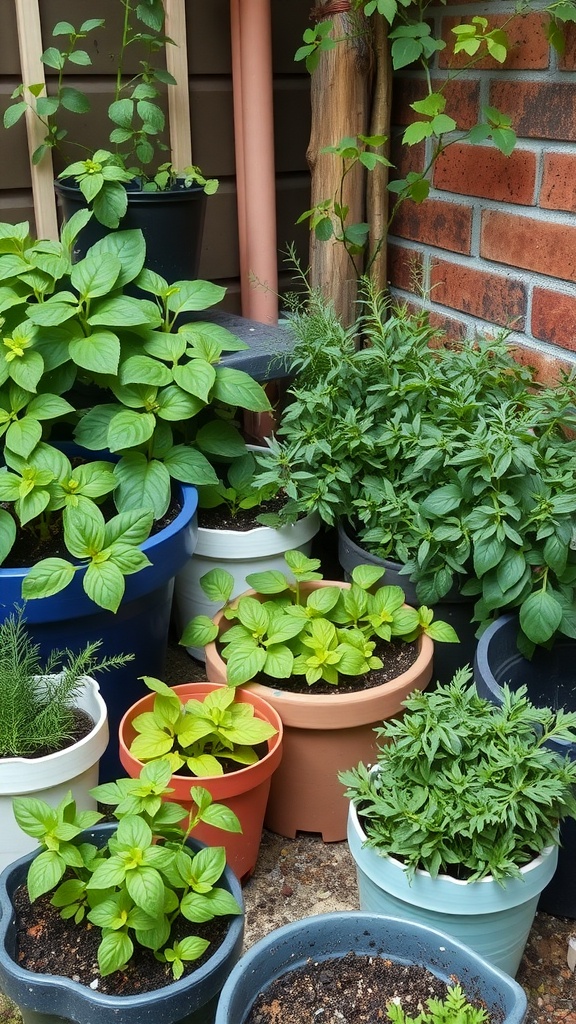 A variety of green herbs growing in colorful containers