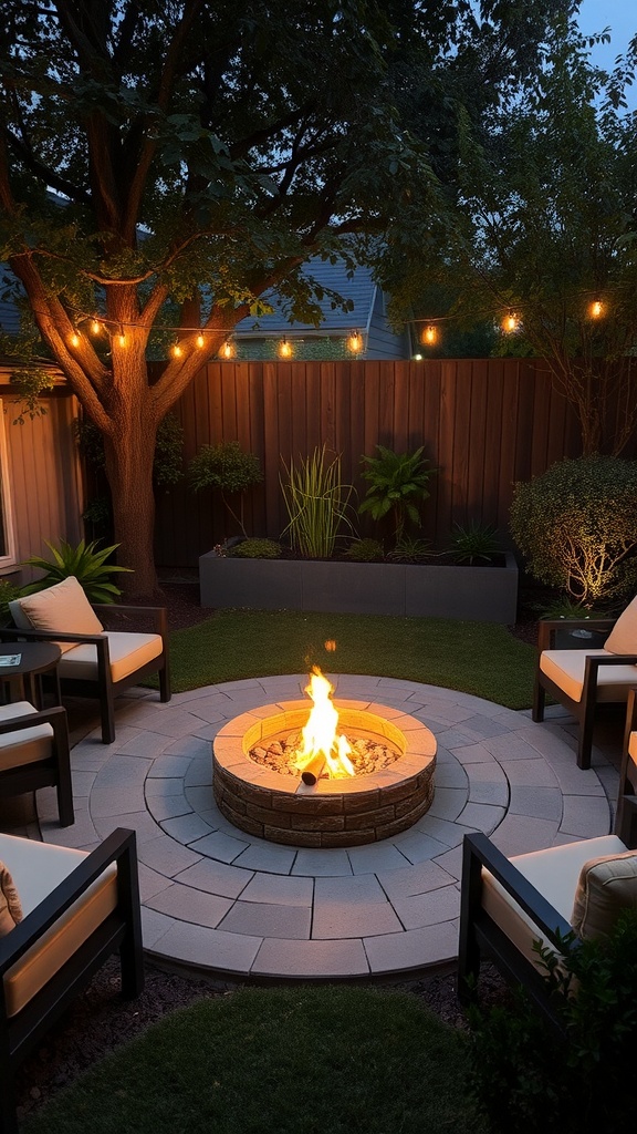 A cozy fire pit area in a small backyard with seating, lights, and greenery.