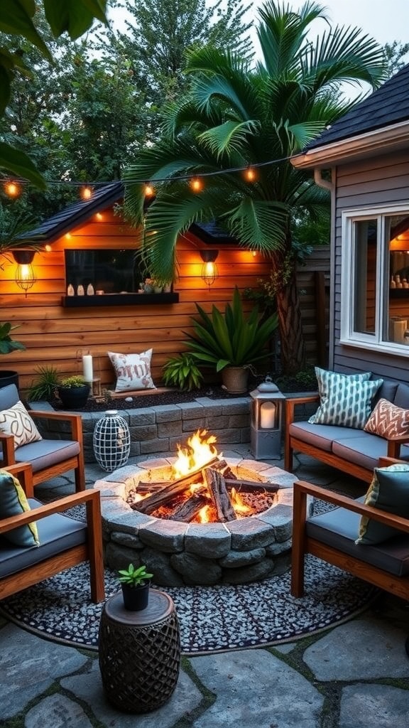 Cozy fire pit corner with seating and lights