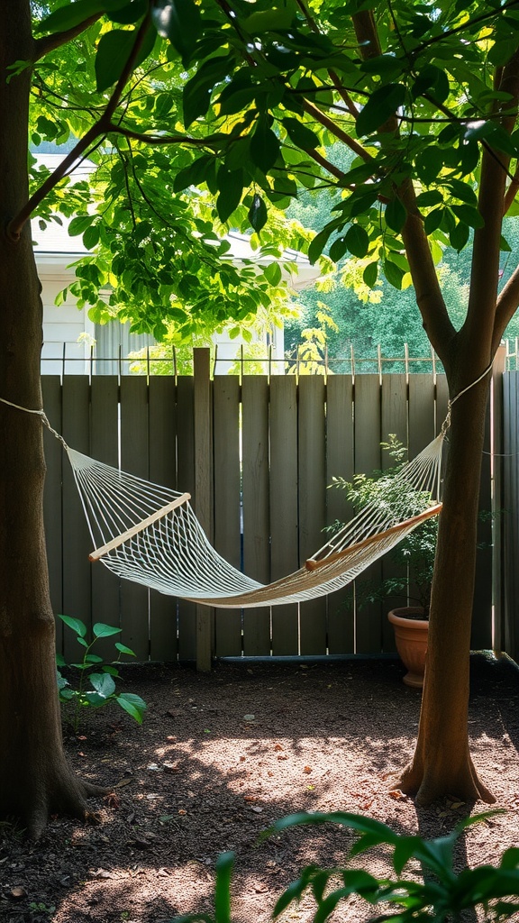 A hammock strung between two trees in a small backyard, surrounded by greenery.