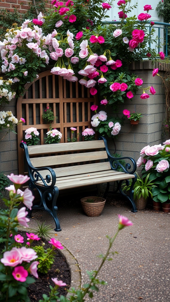 A cozy seating area in a small garden with a wooden bench surrounded by colorful flowers.