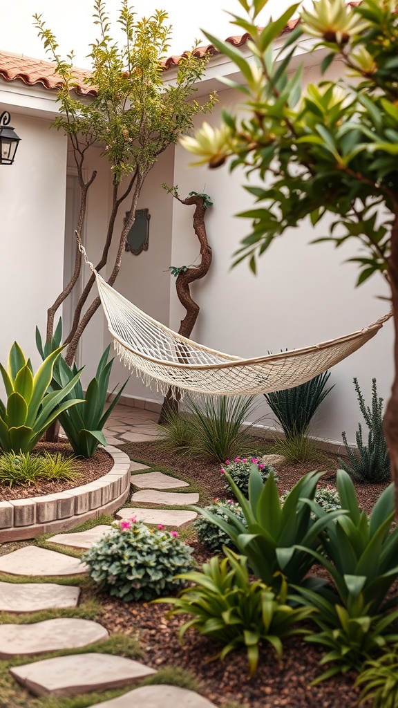 A small garden featuring a hammock, stone pathways, and lush greenery.