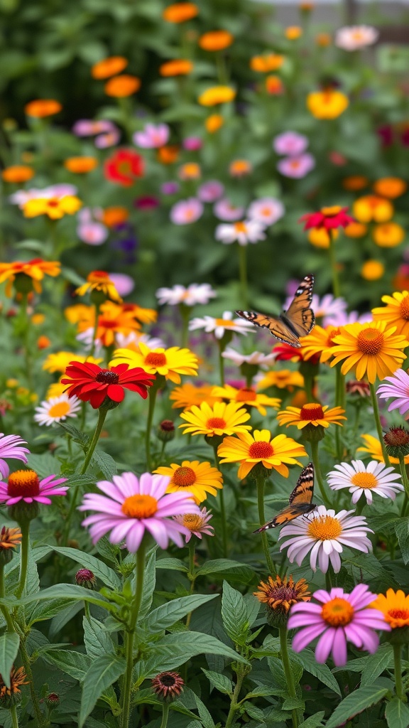A colorful butterfly garden filled with various flowers including coneflowers and zinnias, attracting butterflies.