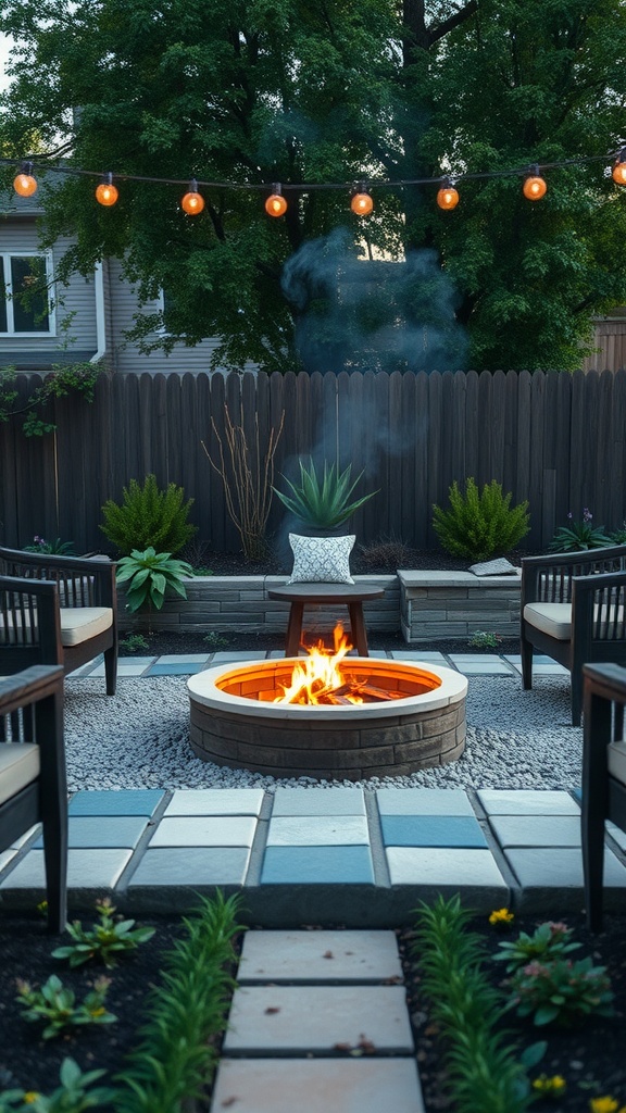 Cozy small garden firepit area with chairs and plants