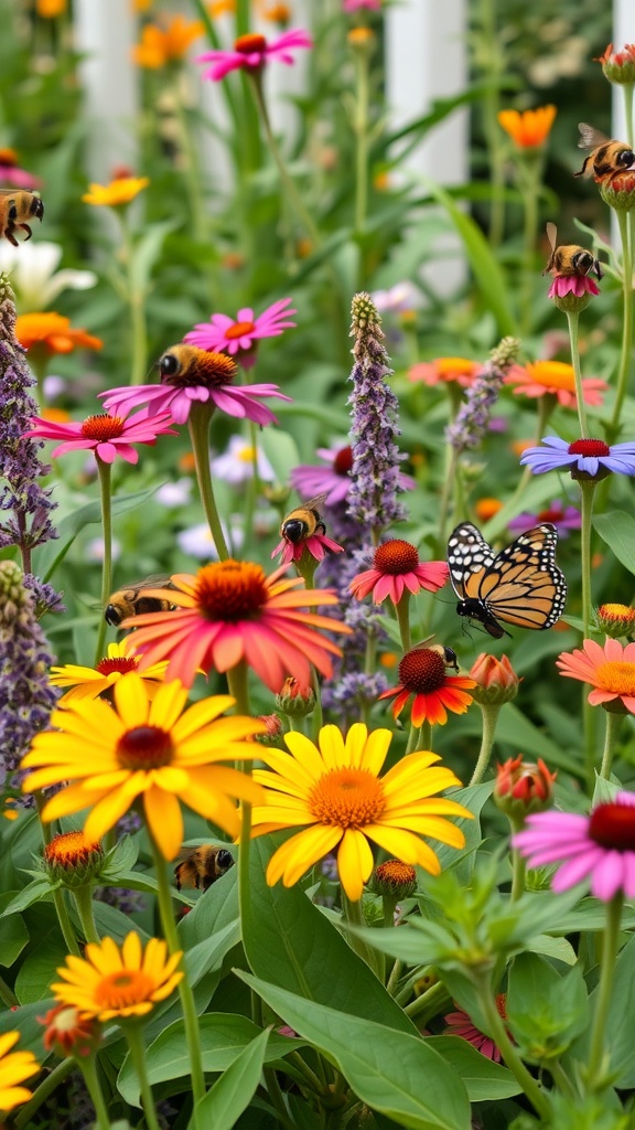 A colorful garden filled with flowers attracting bees and butterflies.