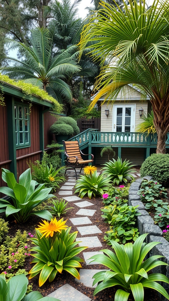 A garden path with stepping stones surrounded by lush plants and flowers, leading to a cozy seating area.