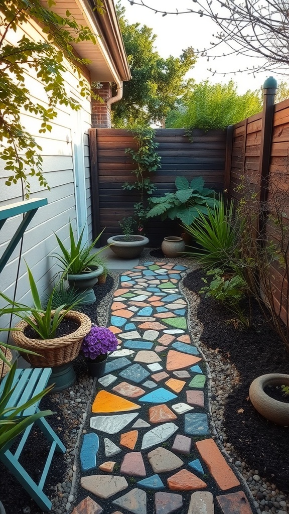 A colorful mosaic pathway in a small backyard, surrounded by plants and pots.