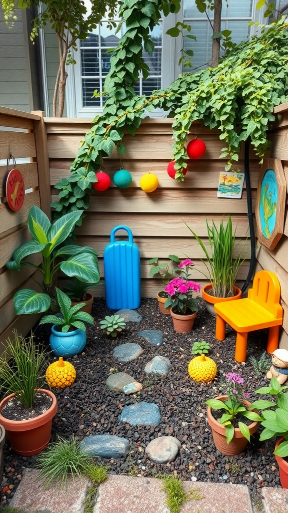 A small, colorful garden designed for children featuring potted plants, a pathway, and playful decorations.