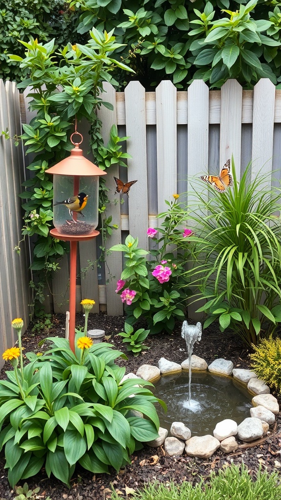 A wildlife-friendly garden featuring a bird feeder, colorful flowers, and a small pond with a fountain.