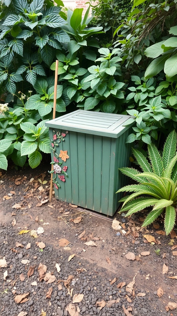 A green compost bin surrounded by lush green plants in a small garden