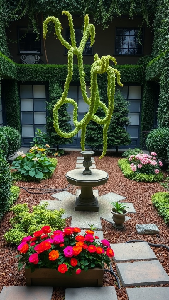 A small garden featuring a central fountain, vibrant flowers, and neatly arranged greenery.