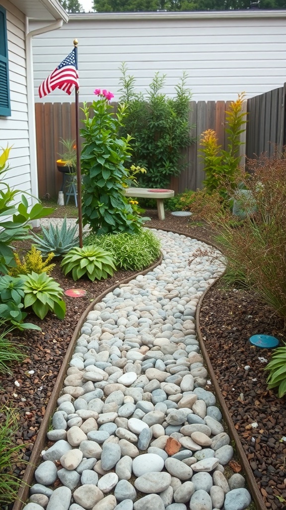 A winding pebble pathway surrounded by green plants and flowers in a small backyard.