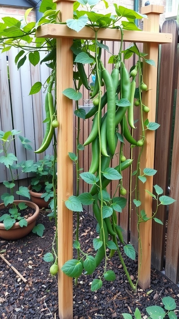 A wooden garden trellis with green climbing plants and edible pods